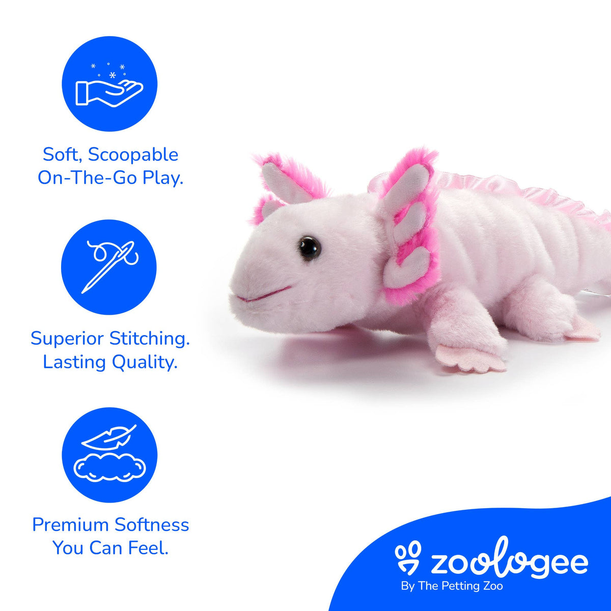 The Scoopz Axolotl Small 8″ (24cm) is pictured with icons showcasing its soft, scoopable play, superior stitching, and premium softness—making it the ideal cute stuffed animal for snuggles. The Zoologee by The Petting Zoo logo is displayed at the bottom.