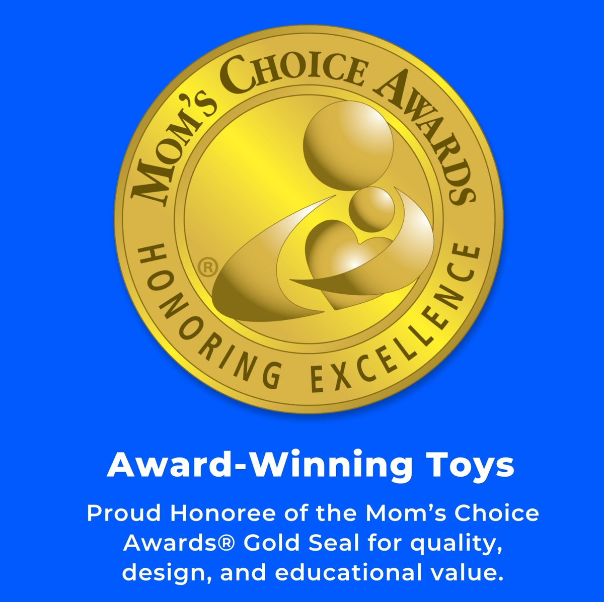 Gold Moms Choice Awards seal with stylized parent and child. Text below says Award-Winning Toys. Proud Honoree of the Moms Choice Awards® Gold Seal for quality, design, and educational value. The Wild Onez Highland Cow 6″ (15cm) sensory toy adds a delightful touch to any farmhouse nursery decor. Blue background.