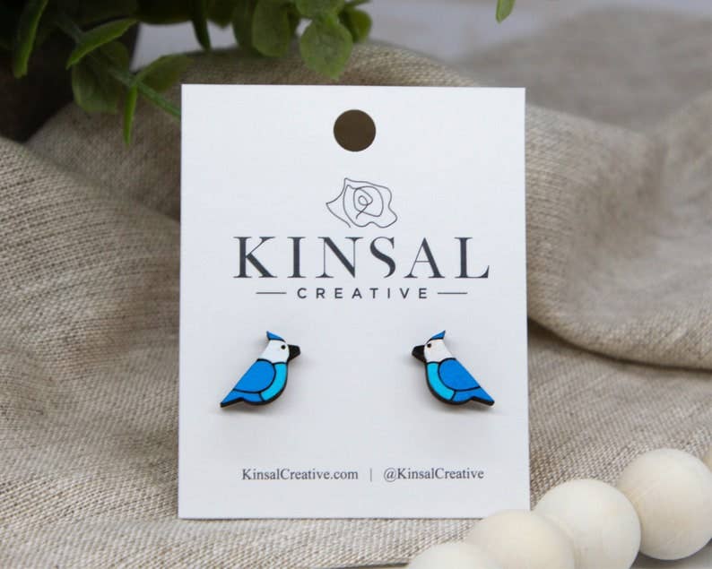Blue Jay Wood Stud Earrings