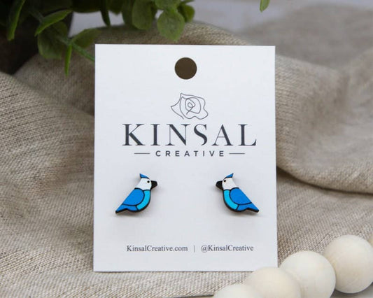Blue Jay Wood Stud Earrings