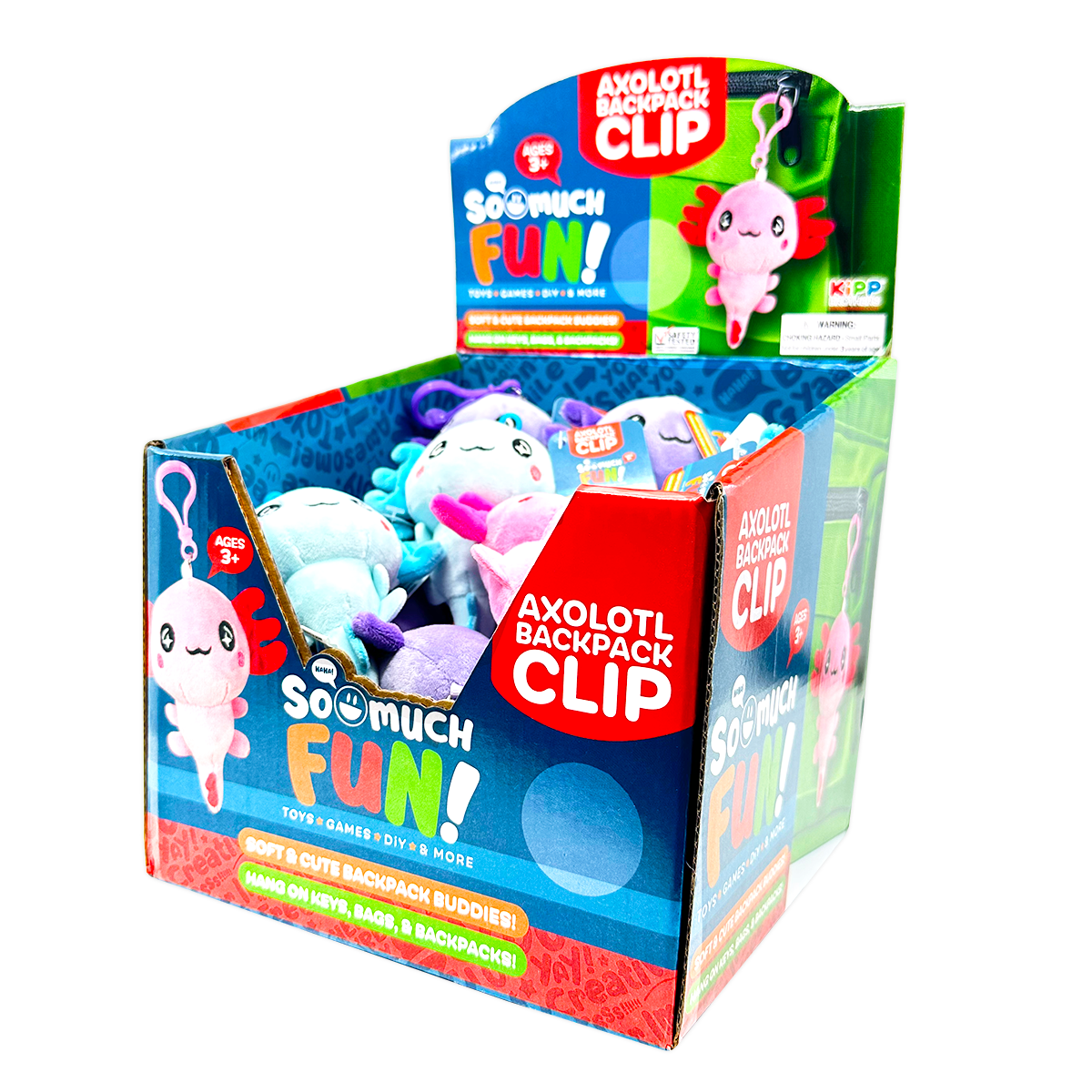 A display box labeled "Novelty Brands - Axolotl Plush Backpack Clip" holds 24 pastel axolotl plush keychain toys. The box reads "So Much Fun!" and has playful graphics, ideal for wholesale or bulk purchase.
