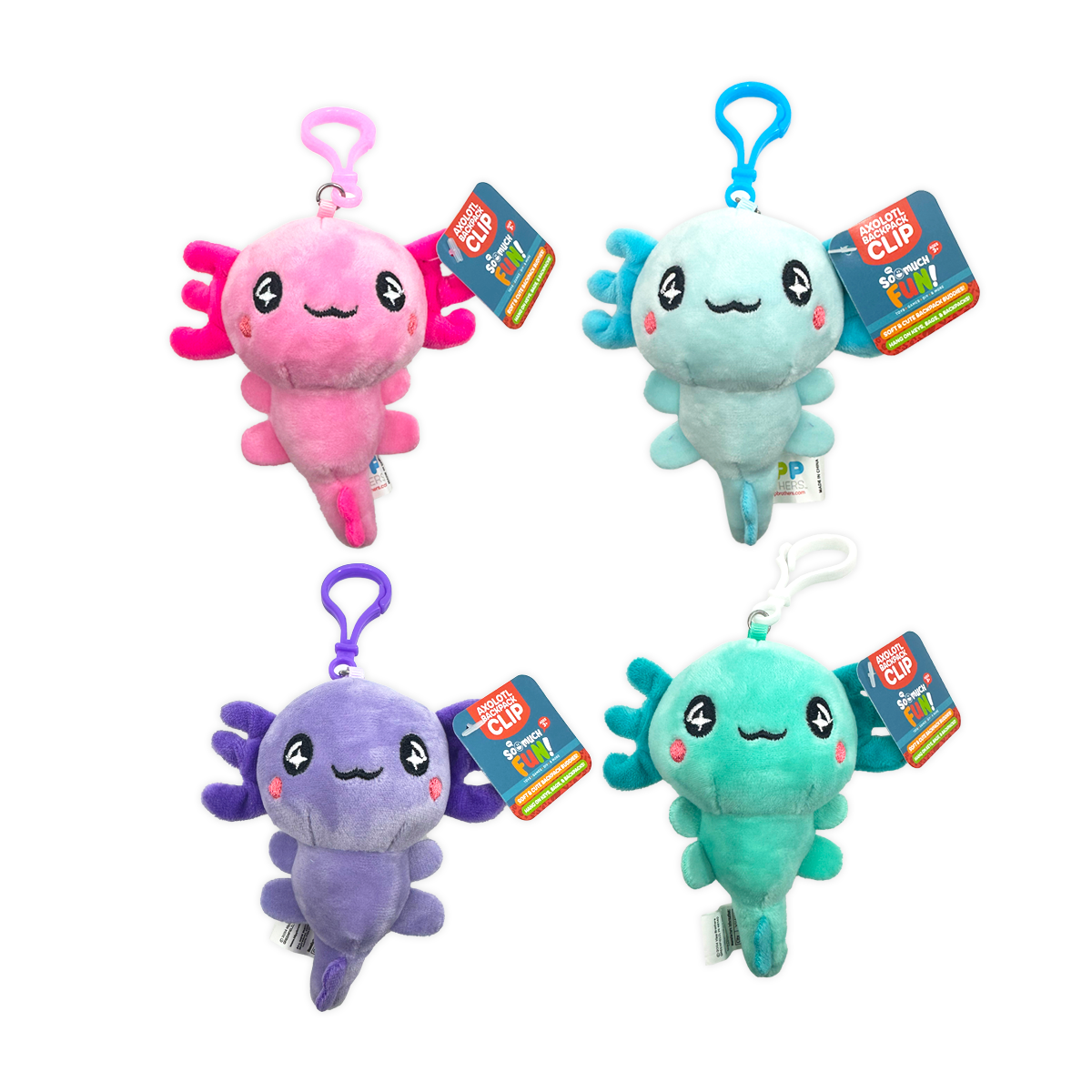 Novelty Brands Axolotl Plush Backpack Clips—24 pieces per display in pink, light blue, purple, and teal. Each features a colorful clip and tag, perfect for wholesale bulk orders. Displayed against a white background.