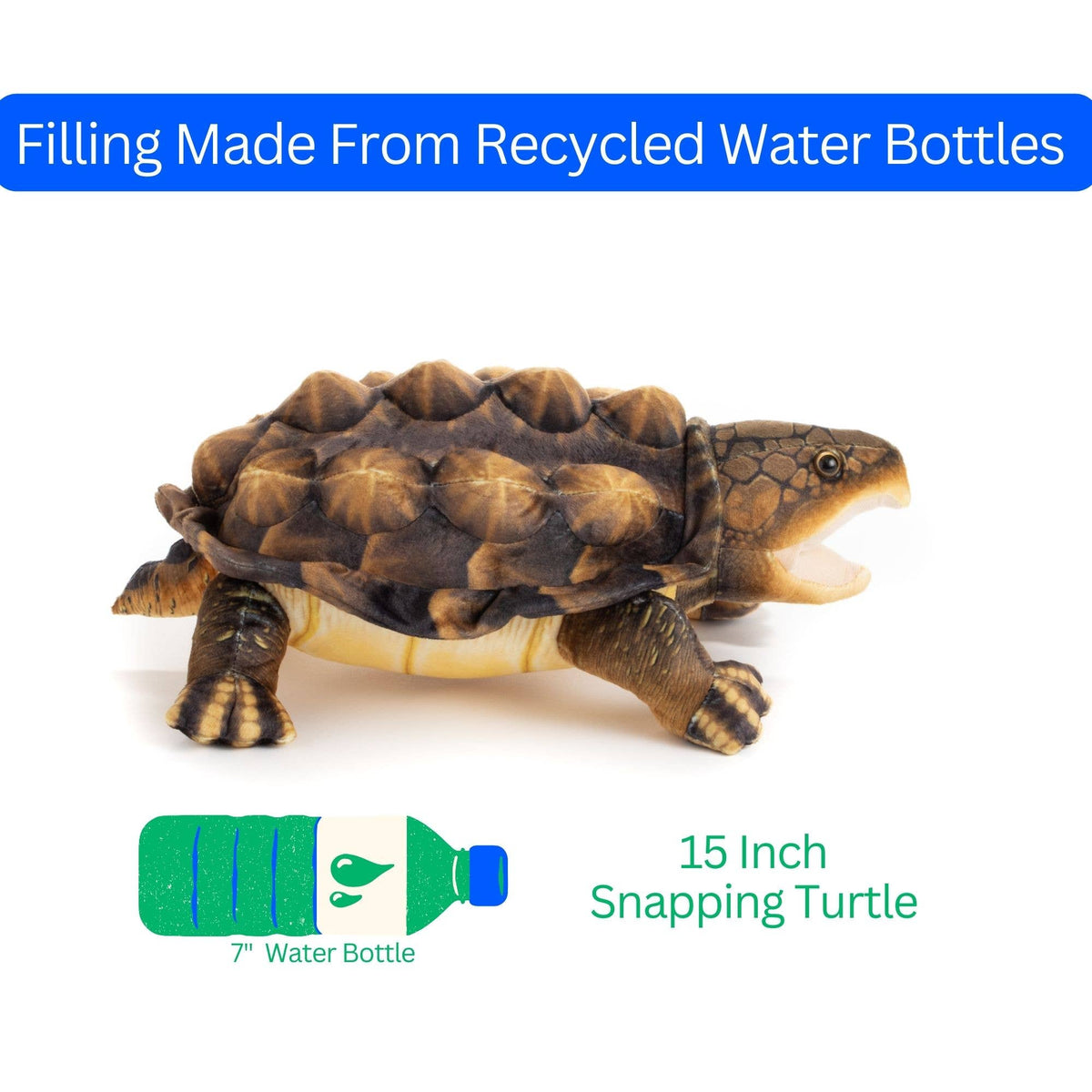 The Wild Onez Snapping Turtle 15″ (38cm) plush sits by a water bottle graphic, highlighting its eco-friendly filling made from recycled water bottles—an adorable choice for swamp-themed nursery décor.