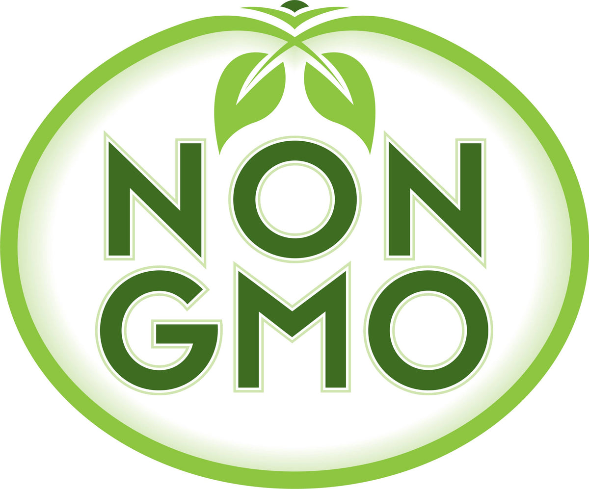 Green oval logo containing the text NON GMO with a small leaf design at the top, featured on PTEAsaurus (pterodactyl) Passion Fruit Tea packaging.