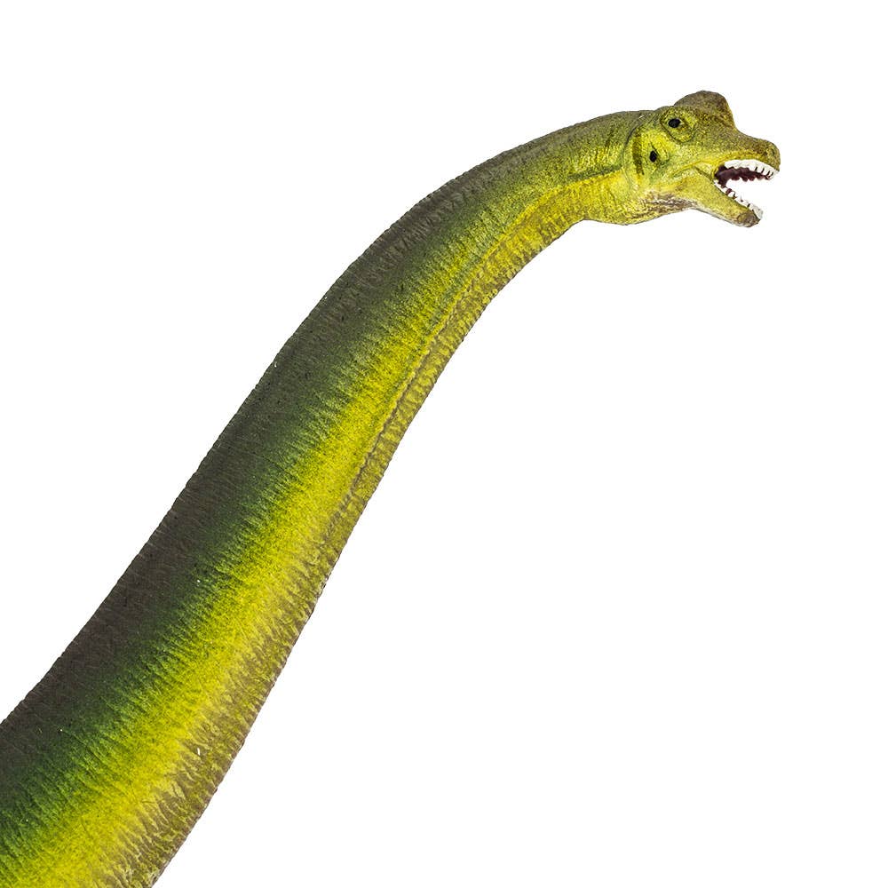 A Brachiosaurus dinosaur figure, featuring a green and yellow long neck and an open mouth, is shown against a white background.