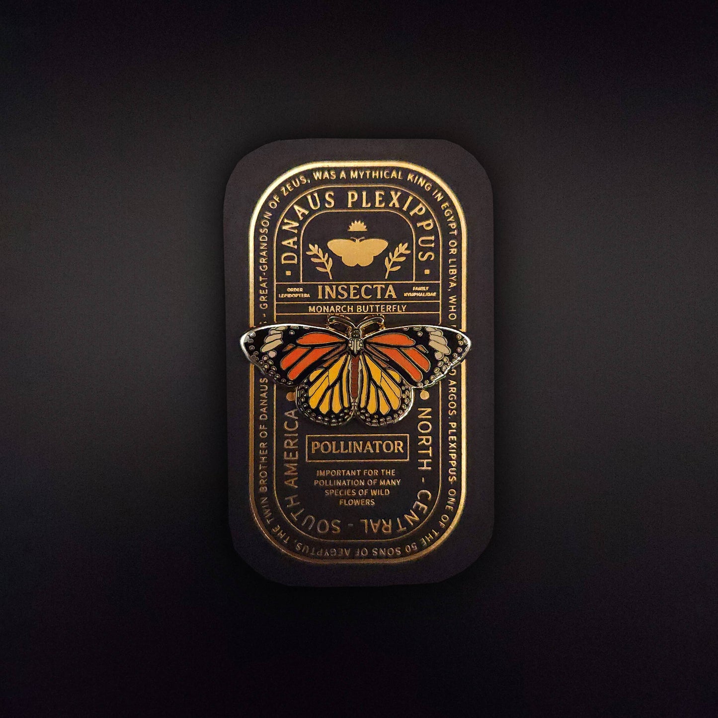A monarch butterfly rests on a sleek, dark rectangular tin adorned with scientific insights about the species and the vital role of pollinators, set against a black backdrop—perfectly paired with the Monarch Butterfly Educational Insect Enamel Pin, which beautifully celebrates both art and nature.