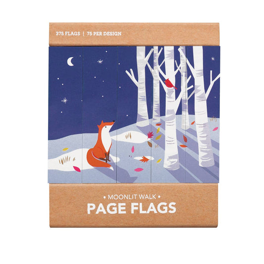 Moonlit Walk Page Flags feature winter-themed illustrations of a fox and woodland friends under a starry sky with birch trees, colorful leaves, and a red bird. These adhesive flags come in specially designed Moonlit Walk Page Flags packaging.