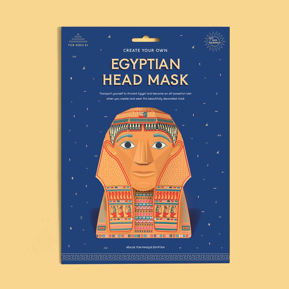 A blue package shows an illustrated Egyptian pharaoh mask with orange, gold, and blue details. “Create Your Own Egyptian Head Mask” is written above. This fun educational kit is designed for ages 5 and up.
