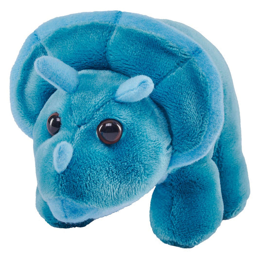 The Pocketkins-ECO-Dino Triceratops Stuffed Animal 5" is a blue dinosaur plush with large black eyes, small horns, and soft fabric made from recycled materials.