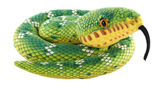 The Snake-Green Emerald Tree Boa Stuffed Animal 36″ is a plush green snake toy featuring lifelike yellow and white patterns, striking orange eyes, and a black felt tongue, coiled up against a white background—an eco-friendly stuffed animal perfect for snake enthusiasts.