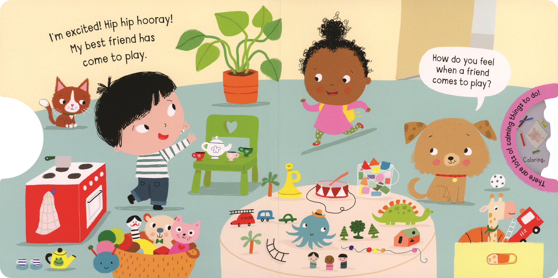 Two children and a dog play in a colorful room. One child reads the "I Can Be Calm" board book on a green chair next to a tea set, while the other stands on a scooter. A cat peeks out from behind a toy kitchen.