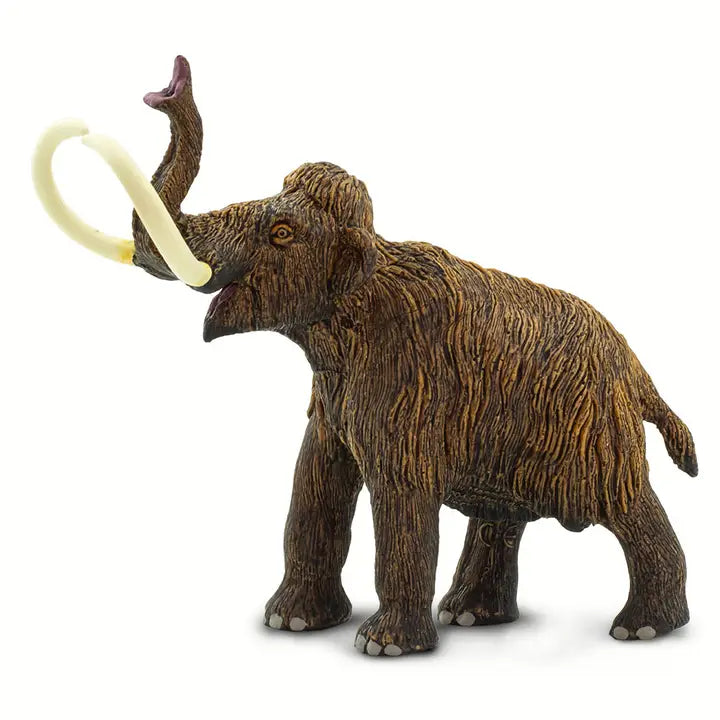 The Woolly Mammoth is a brown figurine modeled after the iconic Ice Age creature, featuring textured fur, large curved ivory tusks, and a raised trunk as it stands on four legs against a white background.