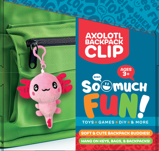 A Novelty Brands Axolotl Plush Backpack Clip hangs from a green backpack pocket. The packaging reads "Axolotl Backpack Clip" and features 24 pieces per display—soft, cute buddies for keys, bags, and backpacks.