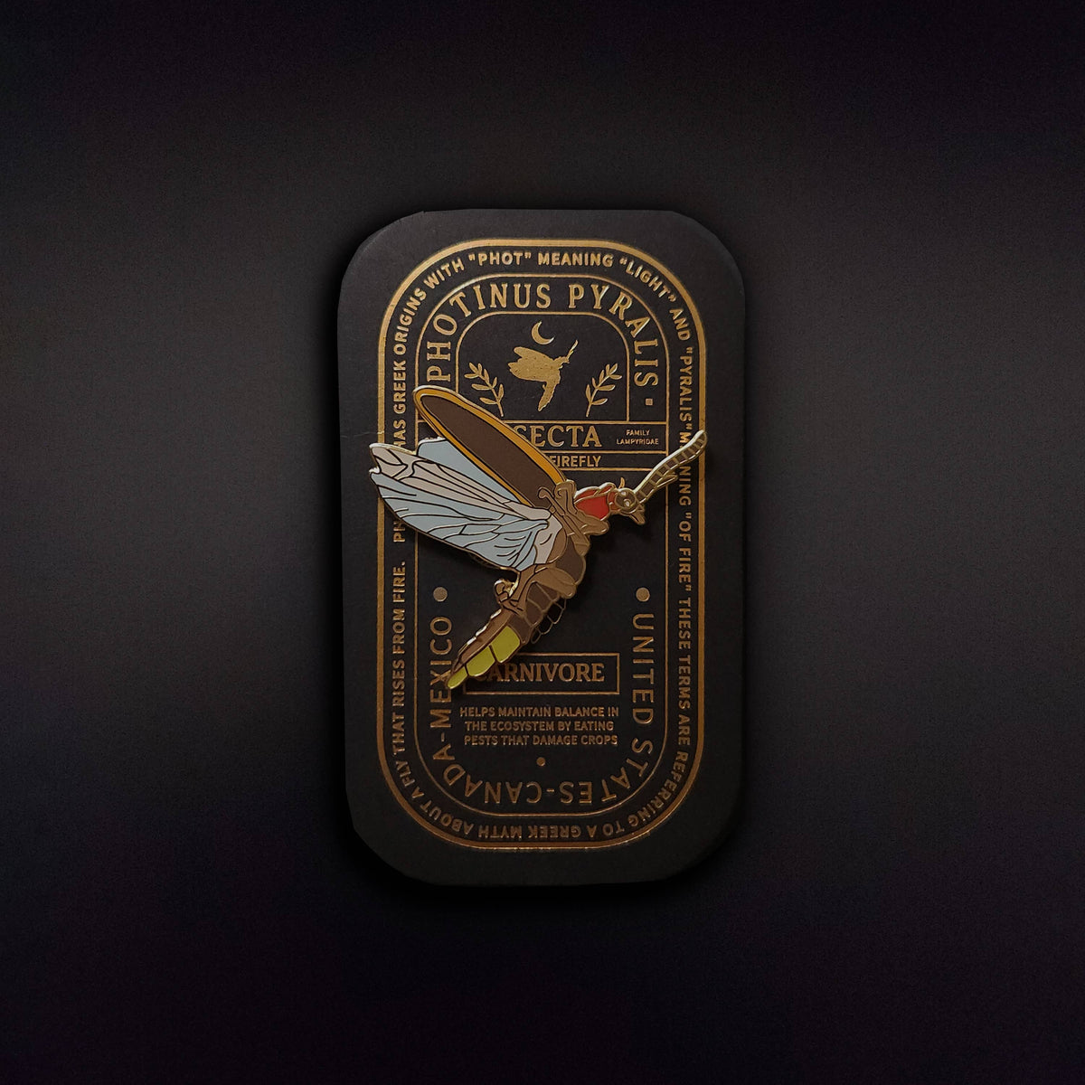 The Eastern Firefly Educational Insect Enamel Pin is displayed on a black card styled like a vintage label, accented with gold and brown text as well as scientific and decorative motifs. This glow-in-the-dark enamel pin offers an ideal gift for entomology enthusiasts, ensuring its delightful details shine even in dim lighting.