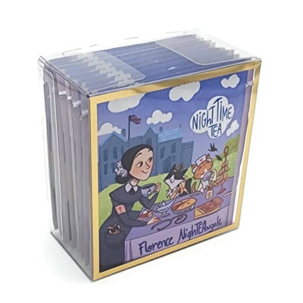 A clear plastic box of Florence NightTEAngle: Organic Night Time Tea, featuring an illustration of a woman in a nurse’s uniform and two cats having tea outdoors.