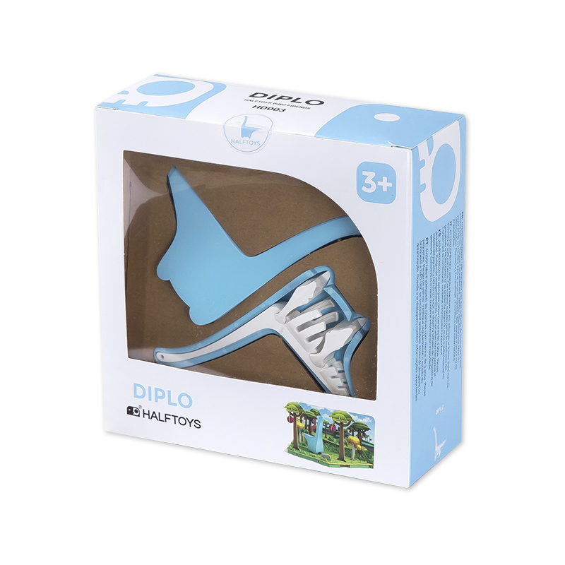 A boxed toy labeled "DIPLO" for ages 3+, featuring a blue and white dinosaur with visible bones shown through a clear window—ideal for kids excited to explore the dino world.