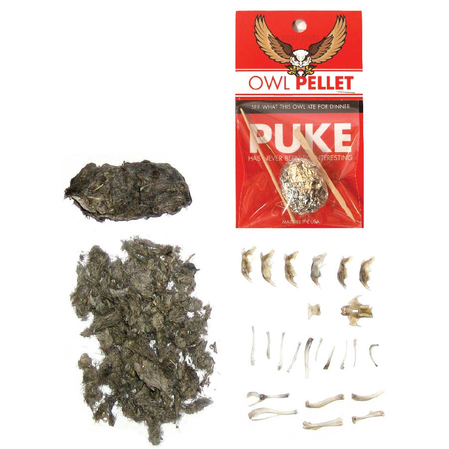 The OWL PELLET kit includes an unopened pellet on top, with dissected bones and small animal skulls displayed below on a white background—ideal for science toy fans.