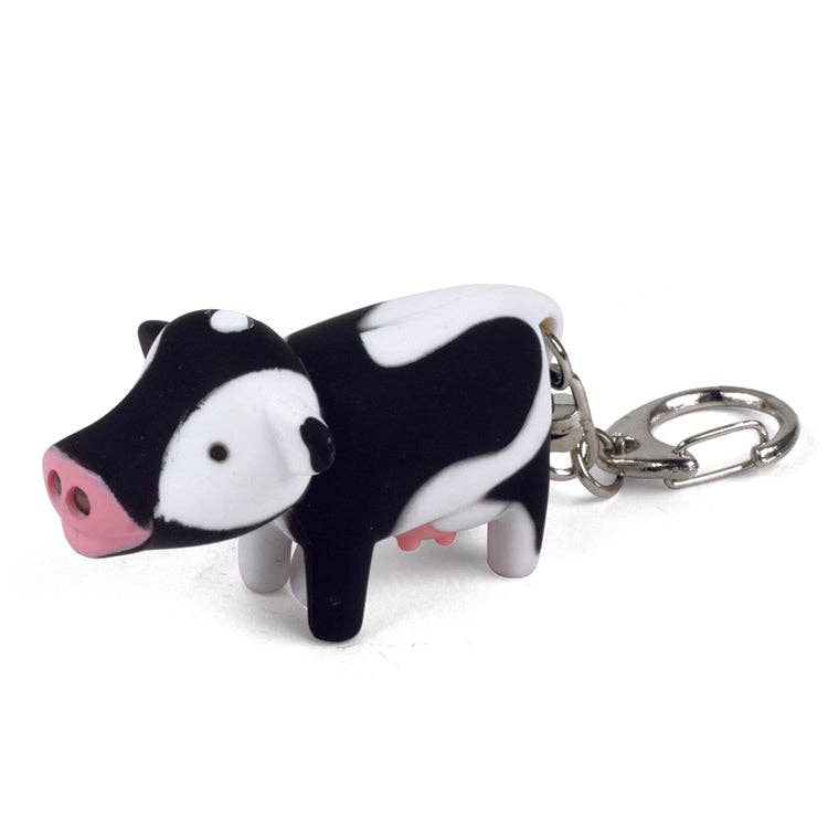Cow Led Keychain featuring a black and white cow shape with a pink snout and a metal lobster clasp.
