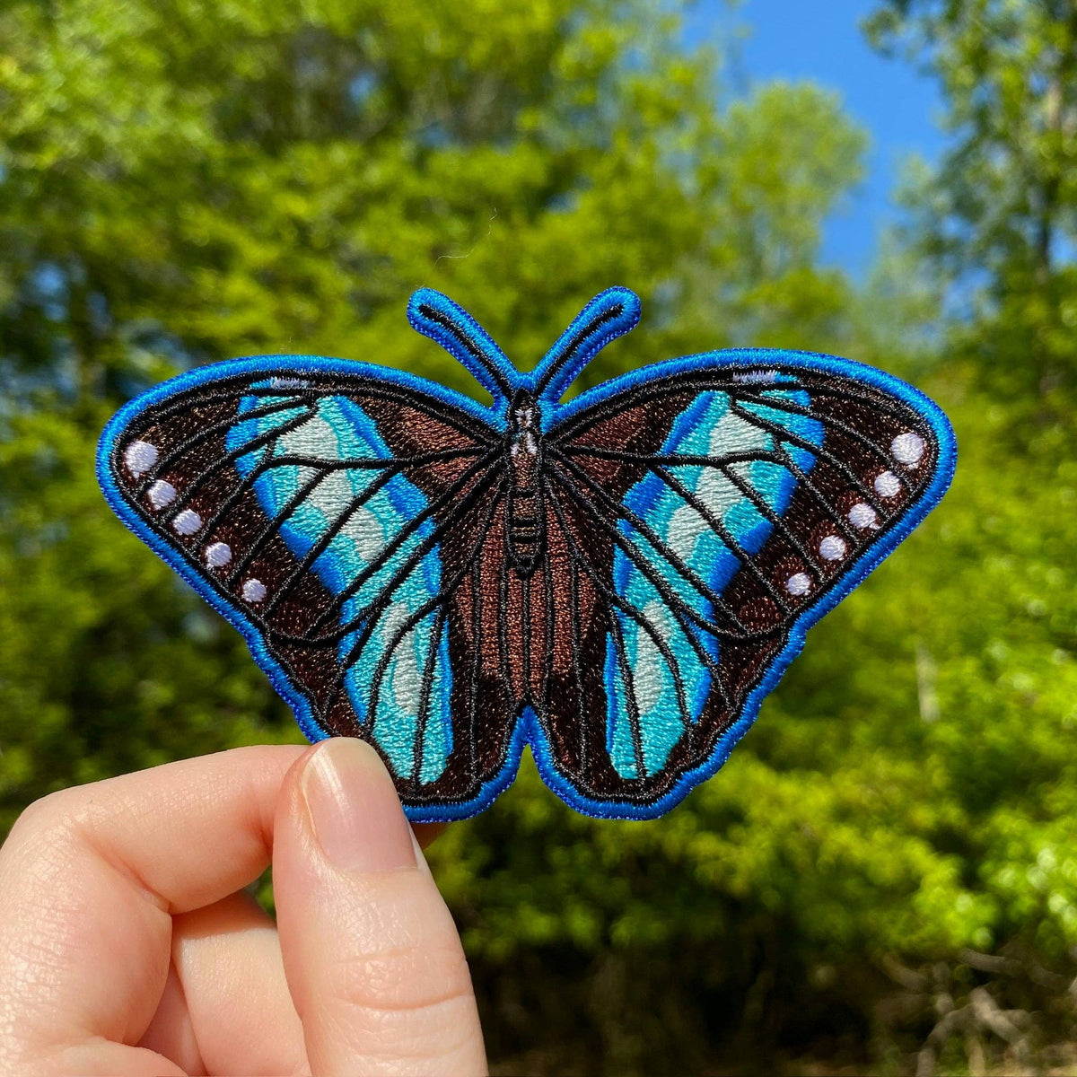 Hand holding an Achilles Morpho Butterfly Iron-On Embroidered Patch with brown wings, bright blue details, and a blue border.