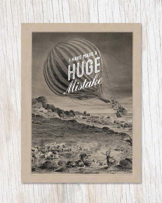 Beige and grey greeting card with an illustration of a hot air balloon and text 'I have made a huge mistake'