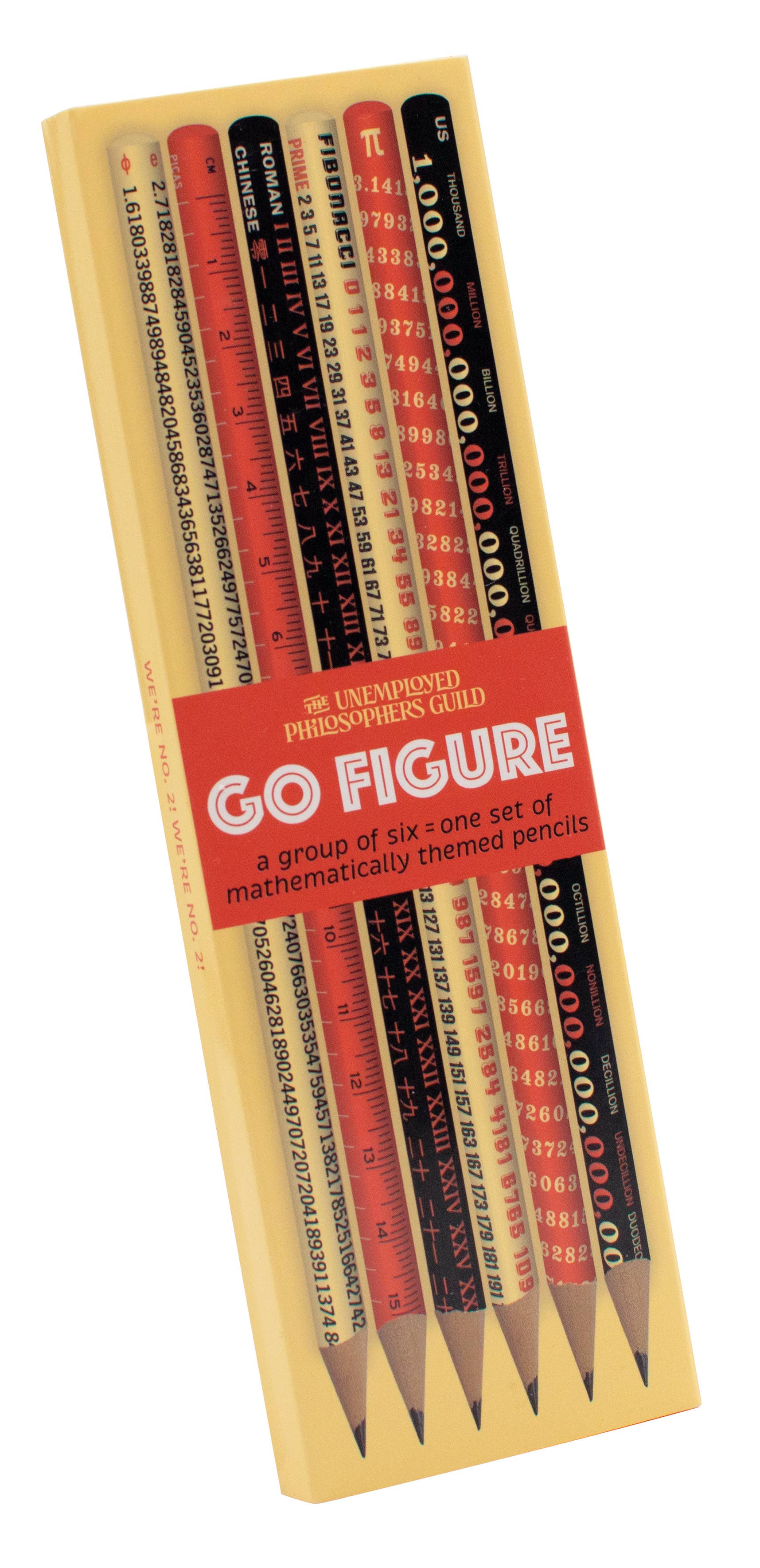 The Math (Go Figure) Pencil Set by The Unemployed Philosophers Guild includes six pencils in a yellow box, each featuring mathematical constants, sequences, and numbers from different number systems.