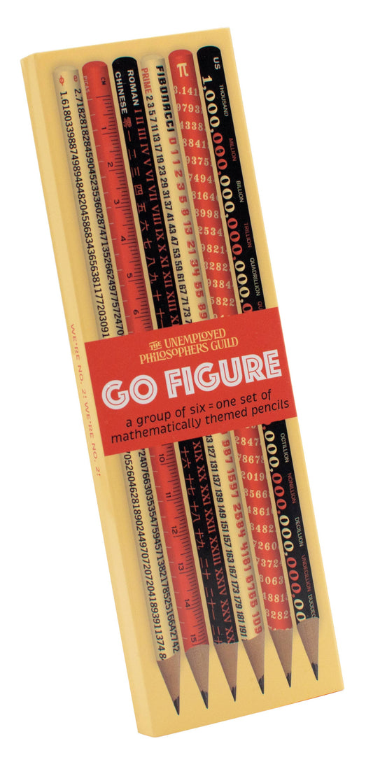 The Math (Go Figure) Pencil Set by The Unemployed Philosophers Guild includes six pencils in a yellow box, each featuring mathematical constants, sequences, and numbers from different number systems.