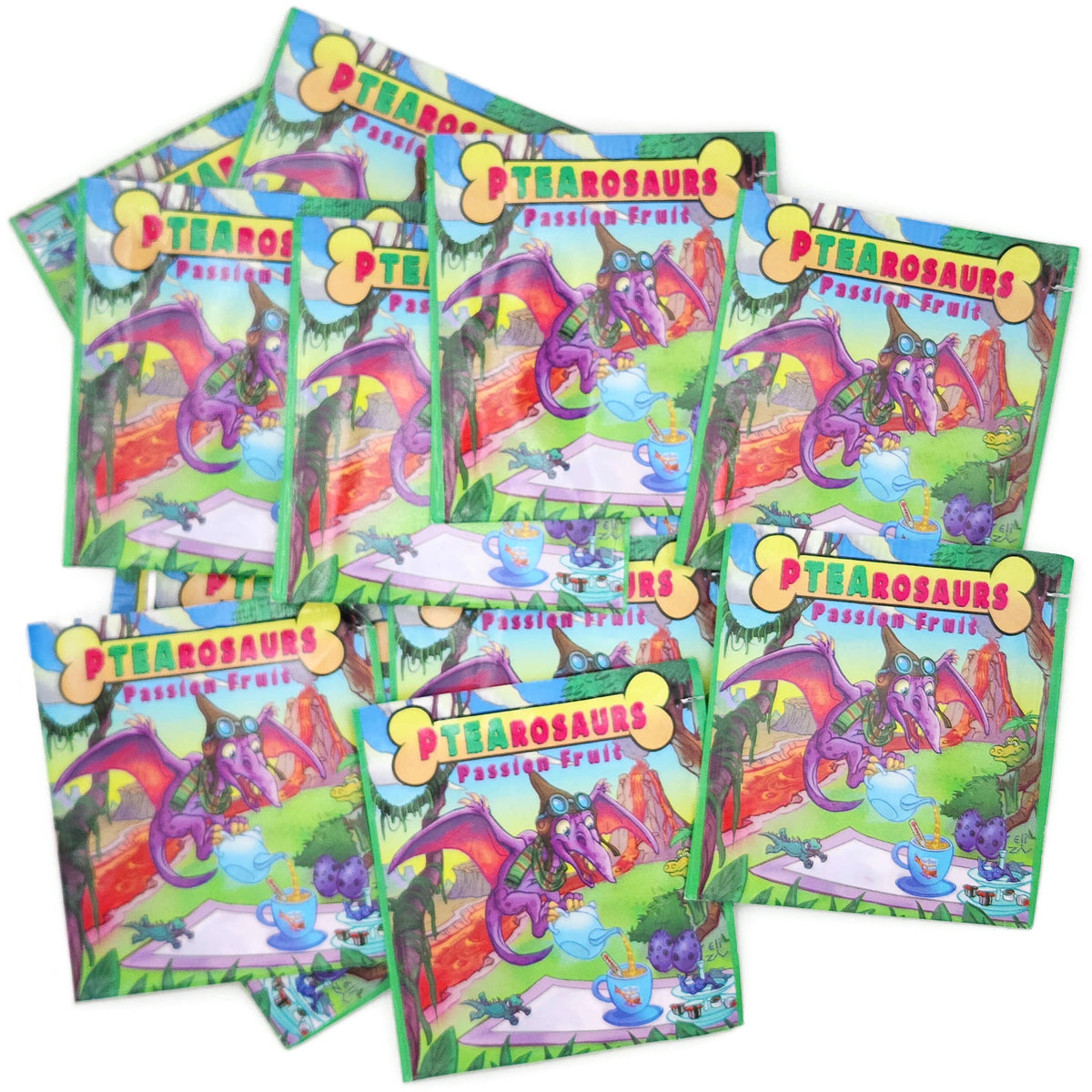 A pile of PTEAsaurus (pterodactyl) Passion Fruit Tea sachets, each featuring a cartoon pterodactyl wearing aviator goggles and pouring tea from a blue teapot into a cup.