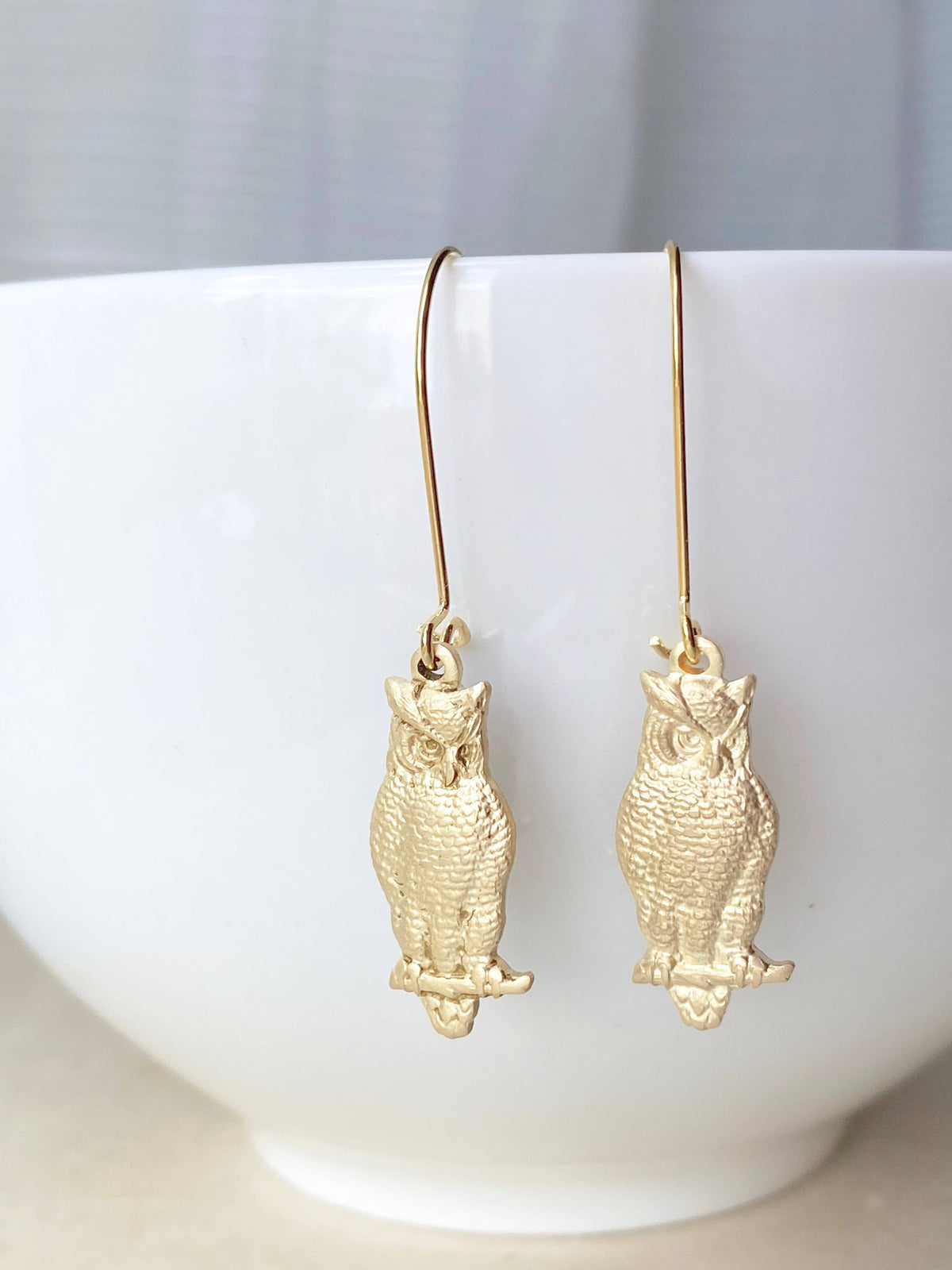 Wise Owl Earrings in gold hang in front of a white bowl, featuring simple wire hooks and intricate owl details set against a neutral background.