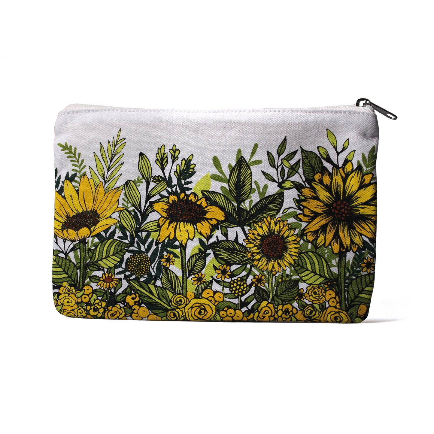 White cotton Natasha Kirby pouch with a sunflower design.