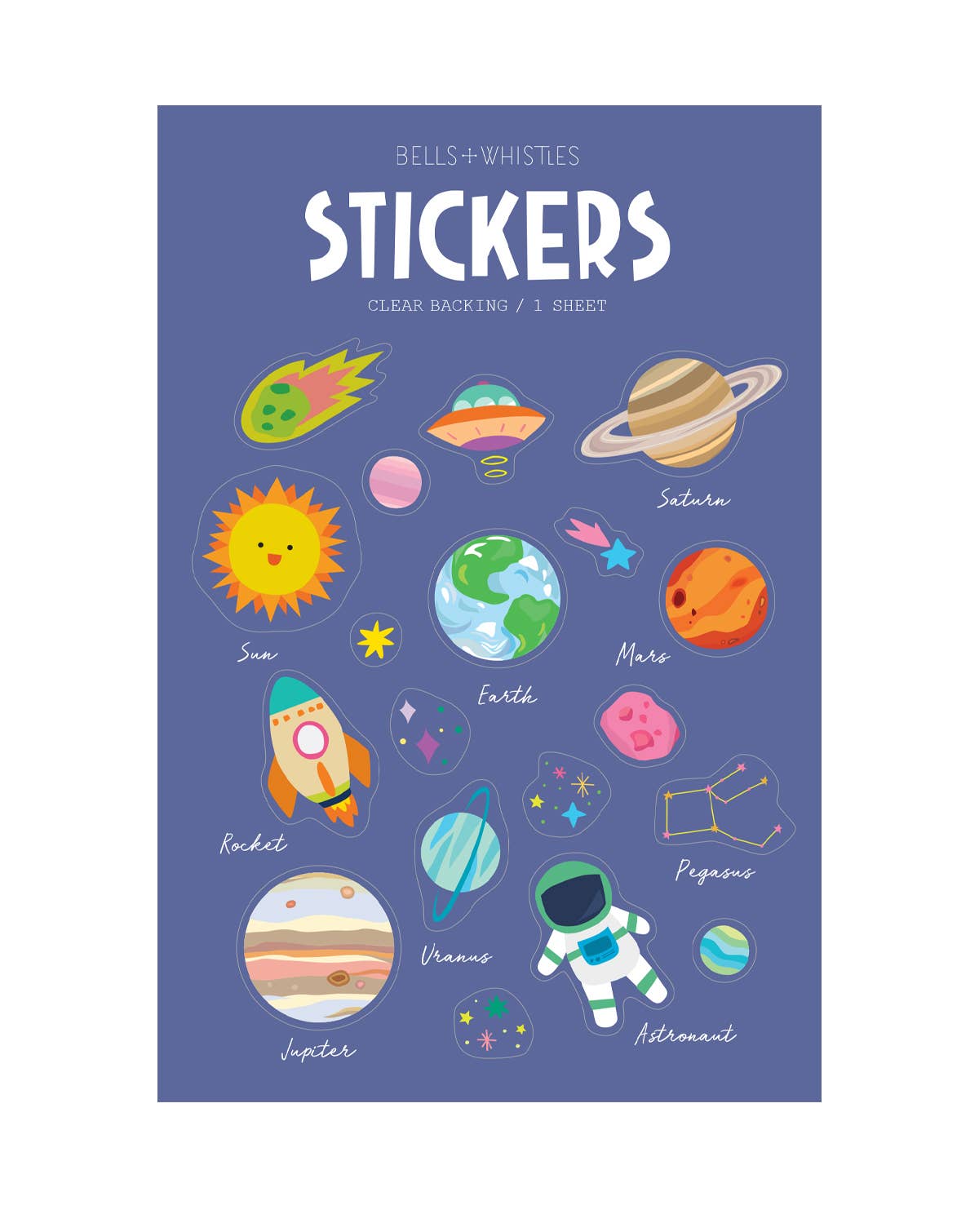 Planet Clear Stickers: A vibrant sheet featuring planets, a rocket, stars, an astronaut, and labeled illustrations of the Sun, Earth, Saturn, Mars, Jupiter, Uranus, and Pegasus on a blue background.