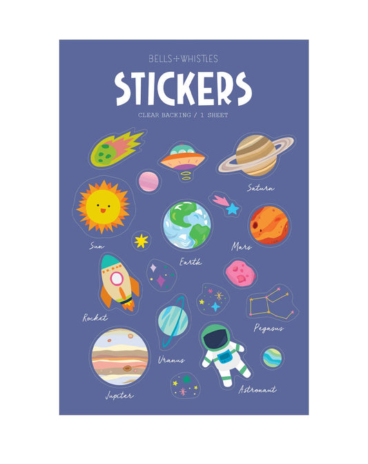 Planet Clear Stickers: A vibrant sheet featuring planets, a rocket, stars, an astronaut, and labeled illustrations of the Sun, Earth, Saturn, Mars, Jupiter, Uranus, and Pegasus on a blue background.