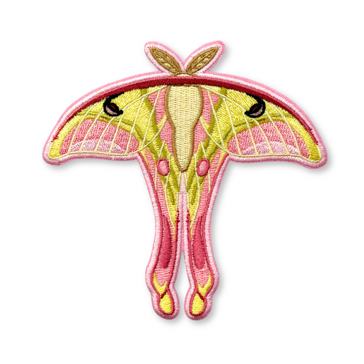 Pink Spirit Moth Iron-On Embroidered Patch with long, pale yellow wings trimmed in pink.