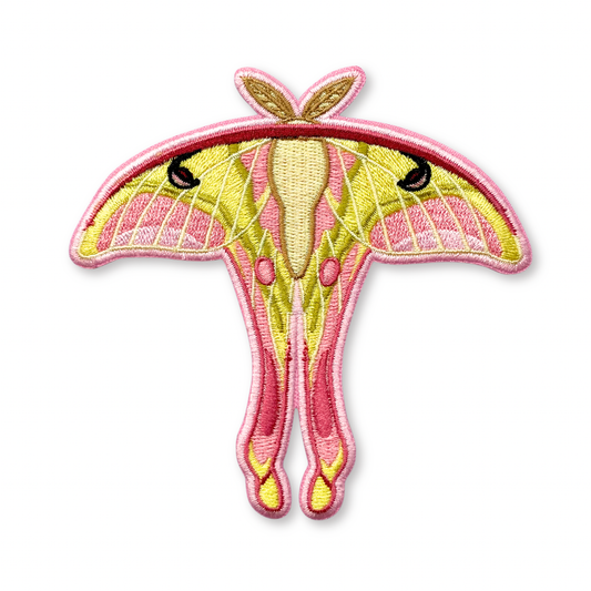 Pink Spirit Moth Iron-On Embroidered Patch with long, pale yellow wings trimmed in pink.