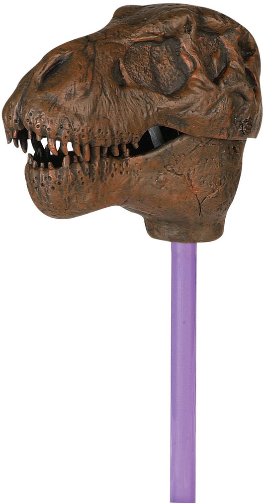 The Pincher T.Rex Skull 18″ features a highly detailed dinosaur head mounted on a purple stick, with an open mouth displaying sharp teeth and a textured, brown, rocky finish that closely resembles a true T. rex skull. This unique Wild Republic interactive toy brings prehistoric fun to life with its impressive design and realistic detail.