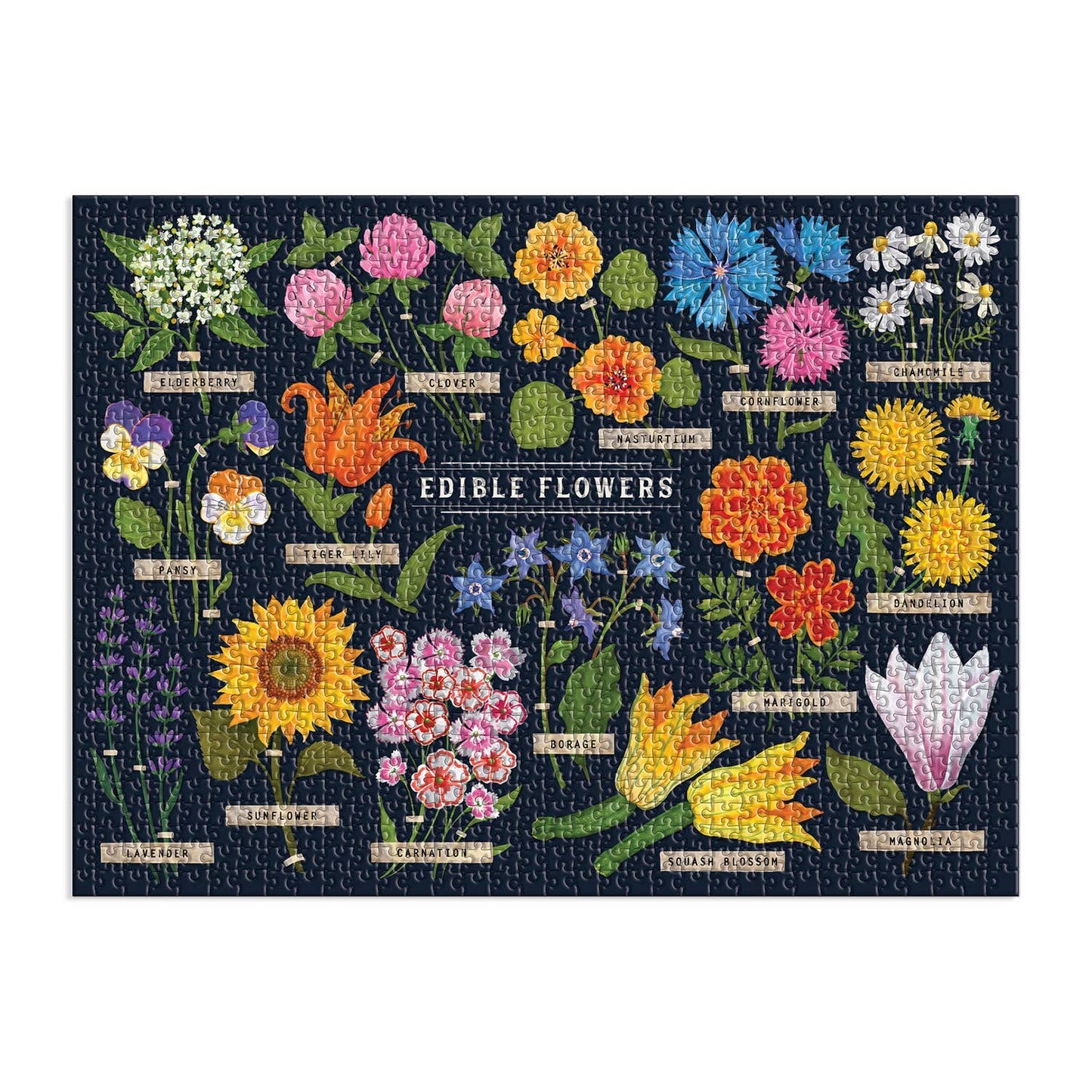 The Edible Flowers 1000 Piece Puzzle features a vibrant illustrated chart of edible flower types with names on a dark background—a stunning jigsaw for flower enthusiasts.