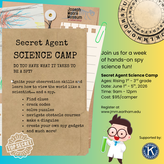A vibrant flyer for Secret Agent Science Camp! displays spy-themed art, camp info, and a cartoon spy. Registration is open for kids entering 1st–3rd grades, June 1–5, 9am–12pm at the Joseph Moore Museum, Earlham.