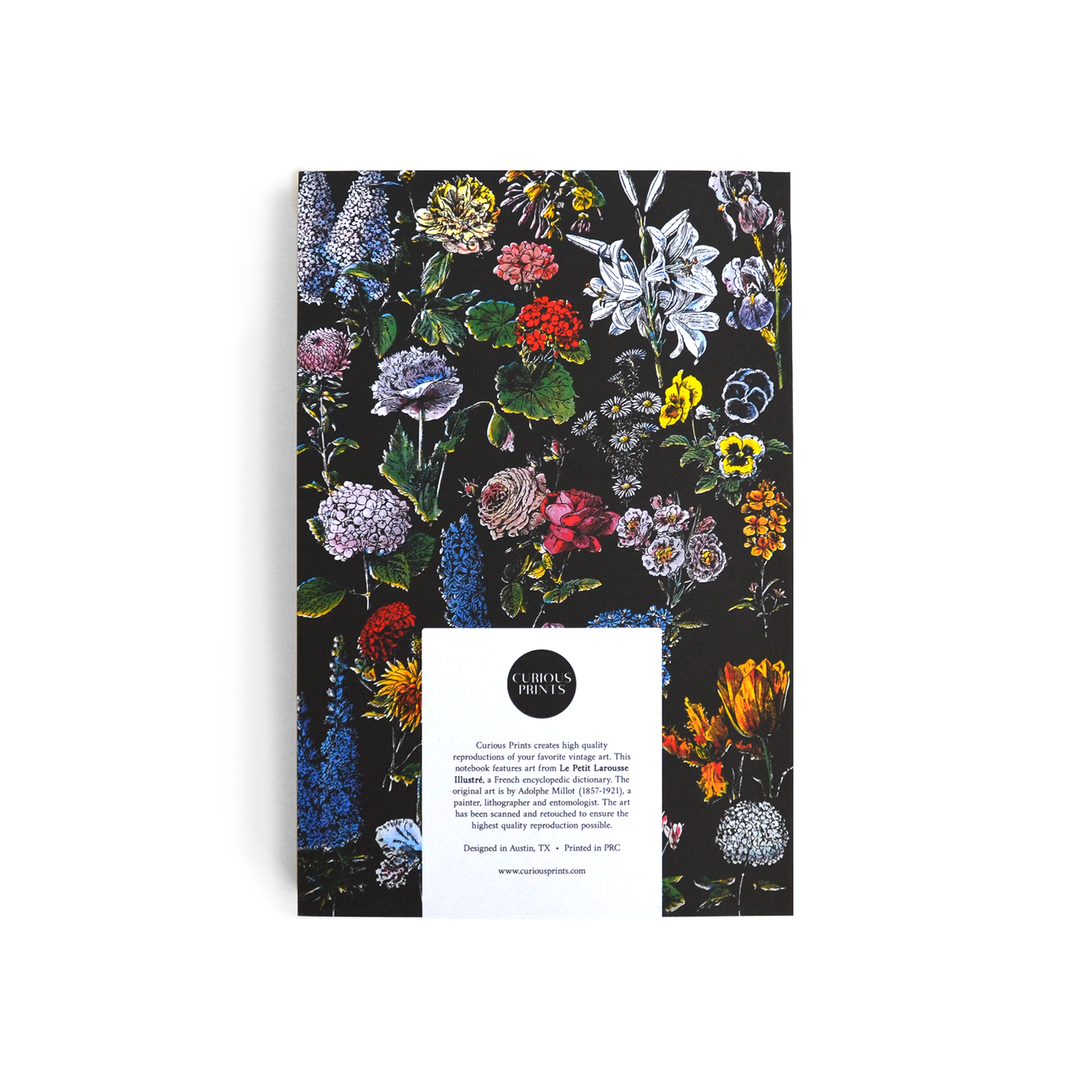 The back cover of the Vintage Botanical Flower Garden Exposed Binding Notebook has a dark background with colorful floral patterns and a white label beneath a circular logo—ideal for your garden journal or floral sketchbook notes.