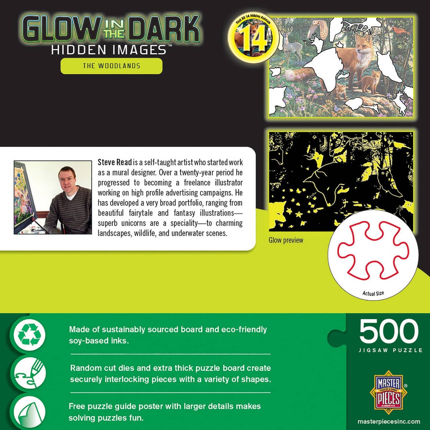 Hidden Images - The Woodlands 500 Piece Puzzle: This glow-in-the-dark puzzle features a glowing forest, hidden images, artist info, and 500 recycled pieces. Includes a preview of the puzzle piece shape.