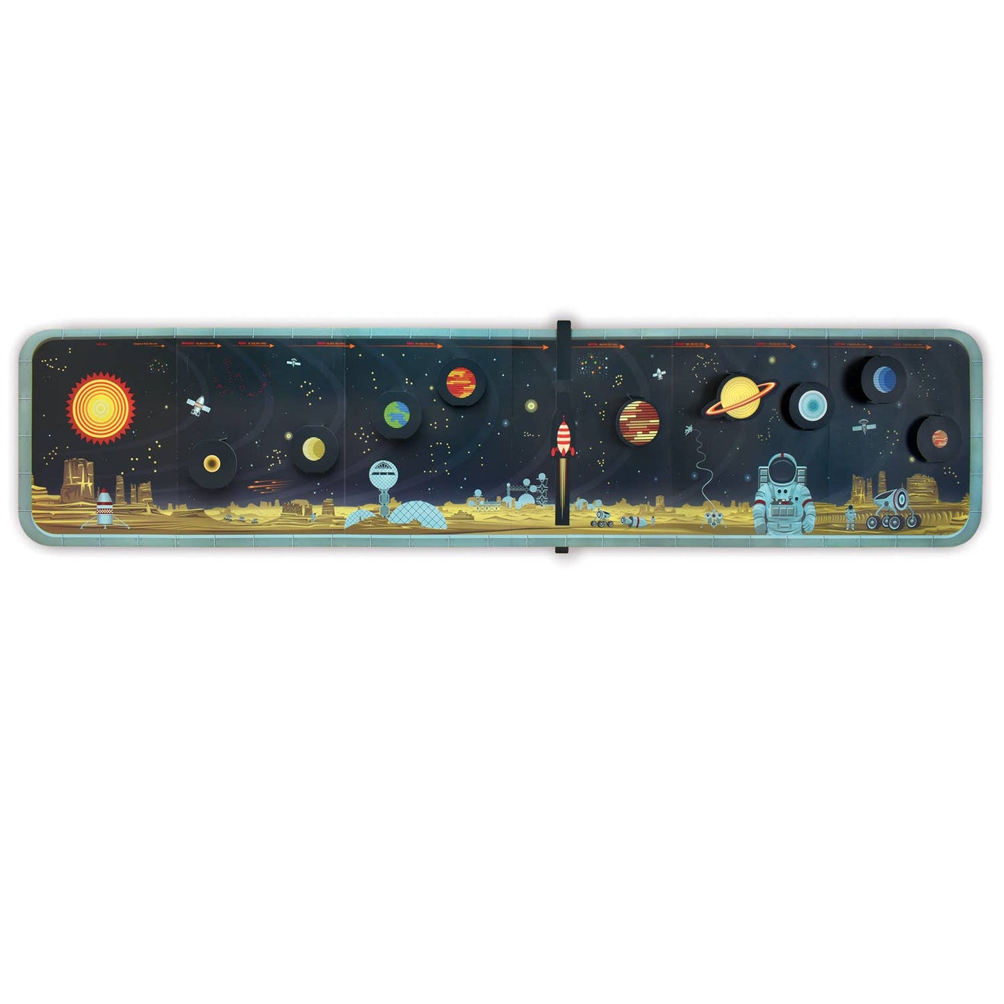 Create Your Own Solar System features a colorful 3D illustration of the Sun, planets, rockets, astronaut, rover, and futuristic space buildings set against a starry sky.