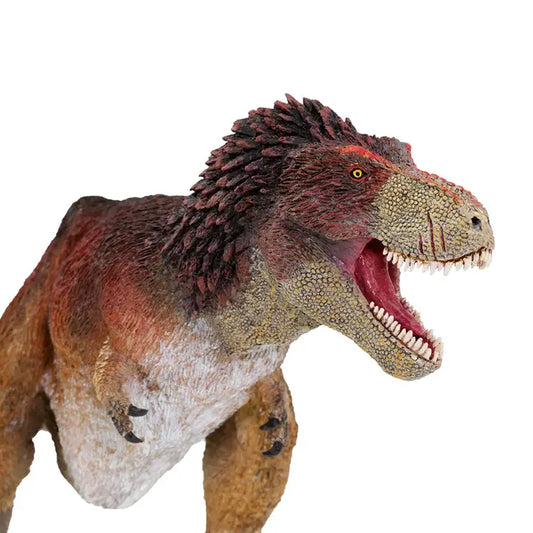 A 12-inch Large T-Rex, Feathered model featuring an open mouth with sharp teeth, a brownish body, and reddish feathers on its head and neck, set against a white background.