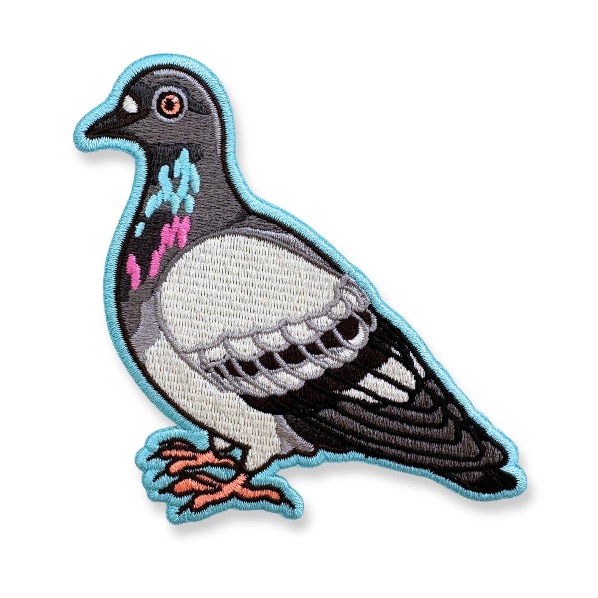 Pigeon Iron-On Embroidered Patch of a gray and white bird with iridescent blue and pink neck feathers, outlined in light blue.