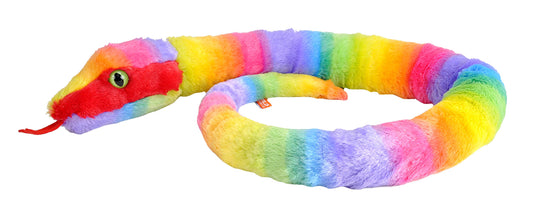 The Rainboa Snake Stuffed Animal 54" features soft, fluffy rainbow-colored fur, a red felt tongue, large green and black eyes, and a coiled body, shown on a white background.