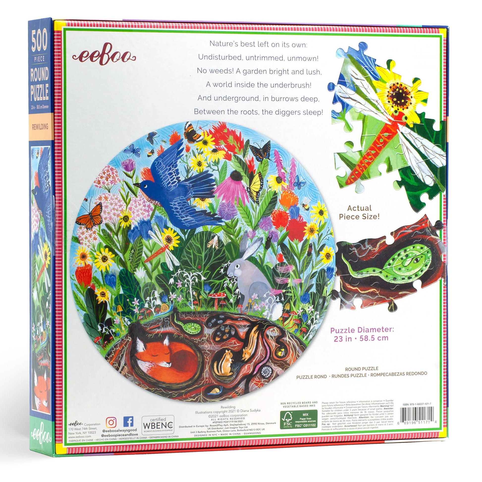 The Rewilding 500 Piece Puzzle’s box back displays a vibrant garden animals scene—rabbit, bird, fox, worms, and dragonfly among wildflowers—plus an enlarged puzzle piece. Perfect for nature lovers seeking a sustainable challenge.