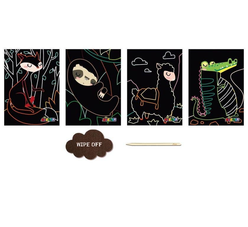 Scratch Art 4 MAGIC ANIMALS kit includes four colorful animal scratch cards (fox, sloth, llama, crocodile), a cloud-shaped WIPE OFF eraser, and a wooden stylus—making creative fun easy for kids.