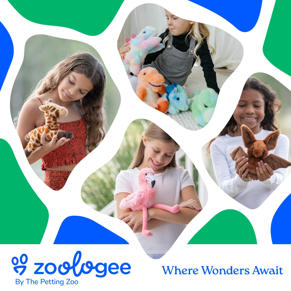 Four children each hold a different plush animal toy, including the adorable Scoopz Axolotl Small 8″ (24cm), smiling or admiring their toys. The background features playful blue and green shapes, with the text “zoologee” and “Where Wonders Await” at the bottom.