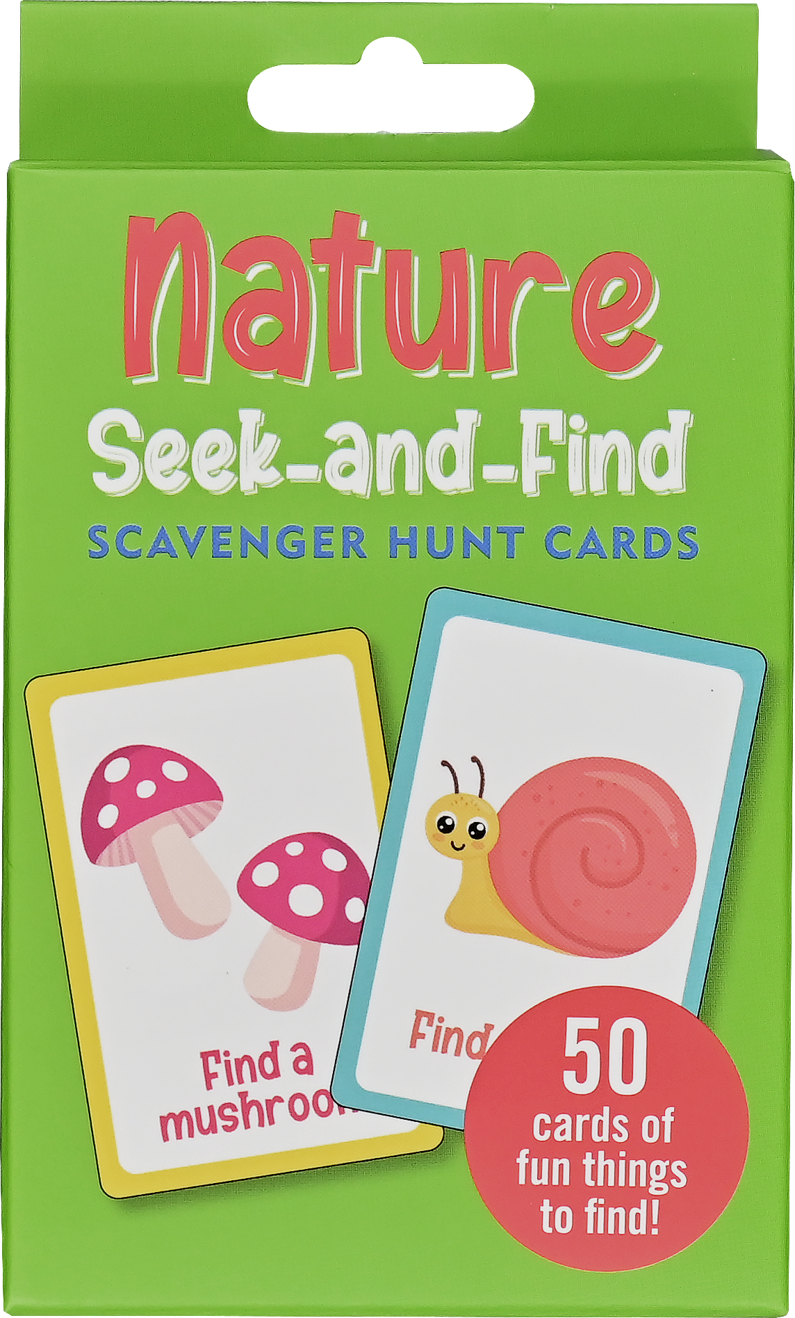 The Nature Seek-and-Find Scavenger Hunt Cards come in a green box with sample cards showing a mushroom and a snail. This set includes 50 outdoor activity cards, perfect for kids to find and identify fun things in nature!.