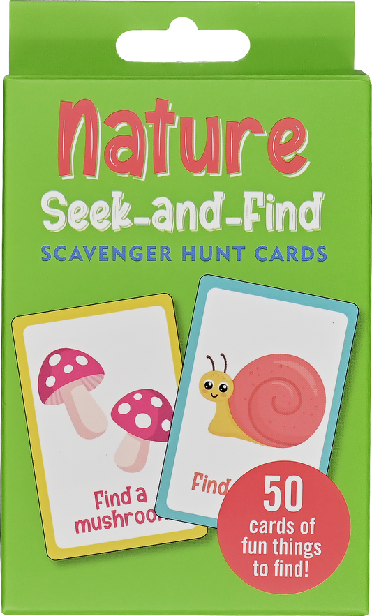 The Nature Seek-and-Find Scavenger Hunt Cards come in a green box with sample cards showing a mushroom and a snail. This set includes 50 outdoor activity cards, perfect for kids to find and identify fun things in nature!.