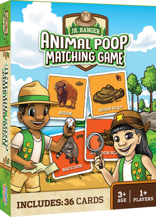 The Jr. Ranger - Animal Poop Matching Game features a box with two smiling kids in ranger outfits and scat cards. This National Park memory game for ages 3+ includes 36 cards, suits 1+ players, and is perfect fun for kids!.
