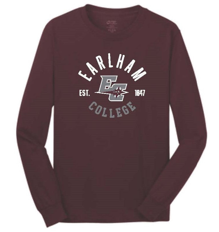 The Earlham 1847 Long Sleeve Tee is a maroon shirt with “Earlham College,” “Est. 1847,” and a stylized “EC” logo featuring a wolf or fox in the center.