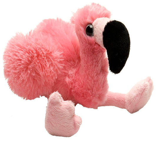 A pink Hug'Ems-Mini Flamingo Stuffed Animal, measuring 7 inches, features a fluffy body, large black beak, and soft pink legs and wings as it sits on a white background. This lifelike plush toy captures adorable details for endless cuddles and imaginative play.